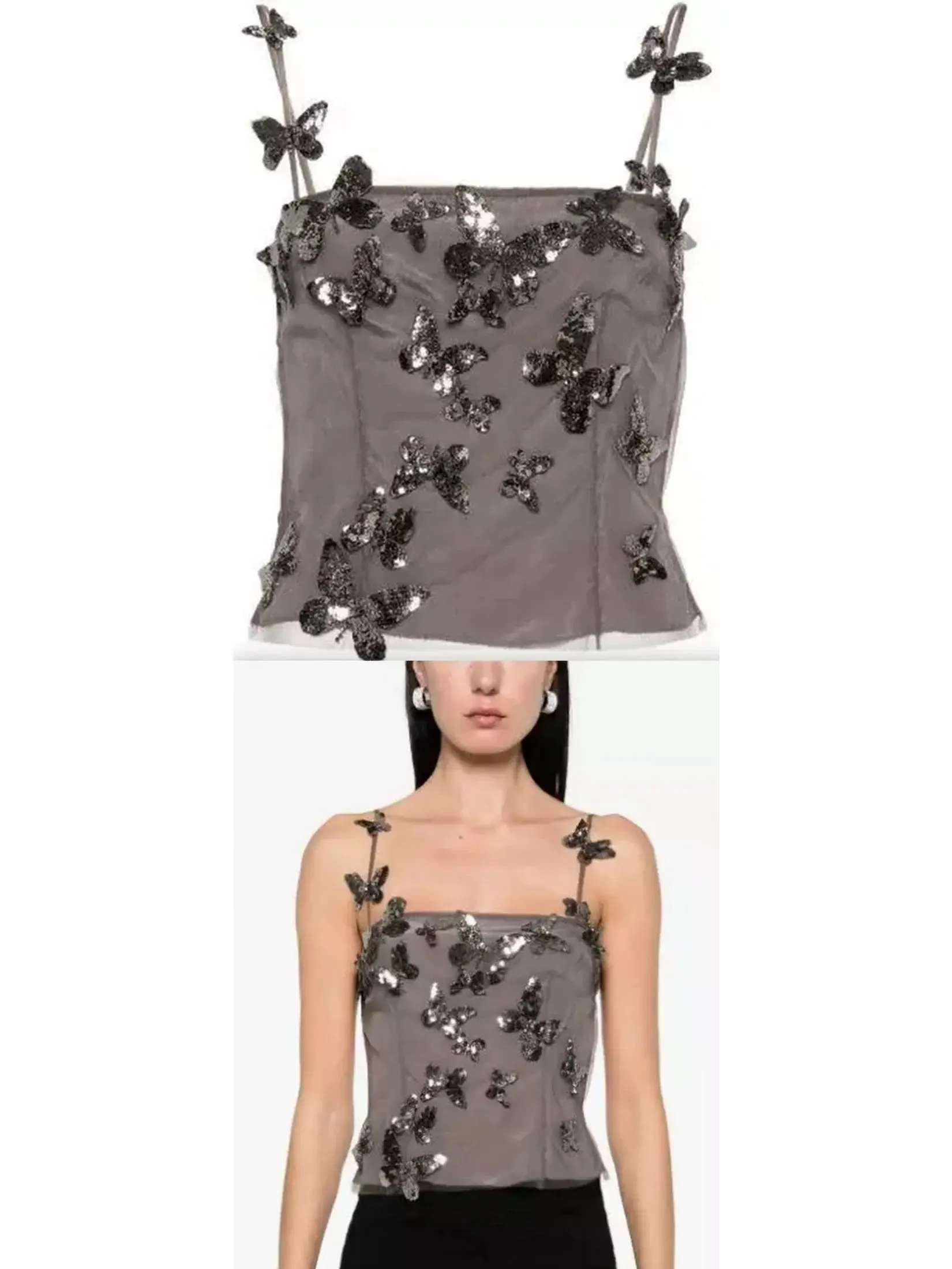 Women’s Backless Butterfly-Sequin-Applique Mesh-Overlay Top