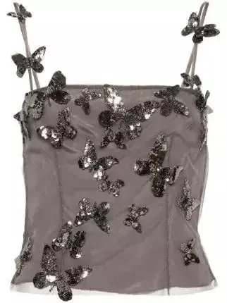 Women’s Backless Butterfly-Sequin-Applique Mesh-Overlay Top