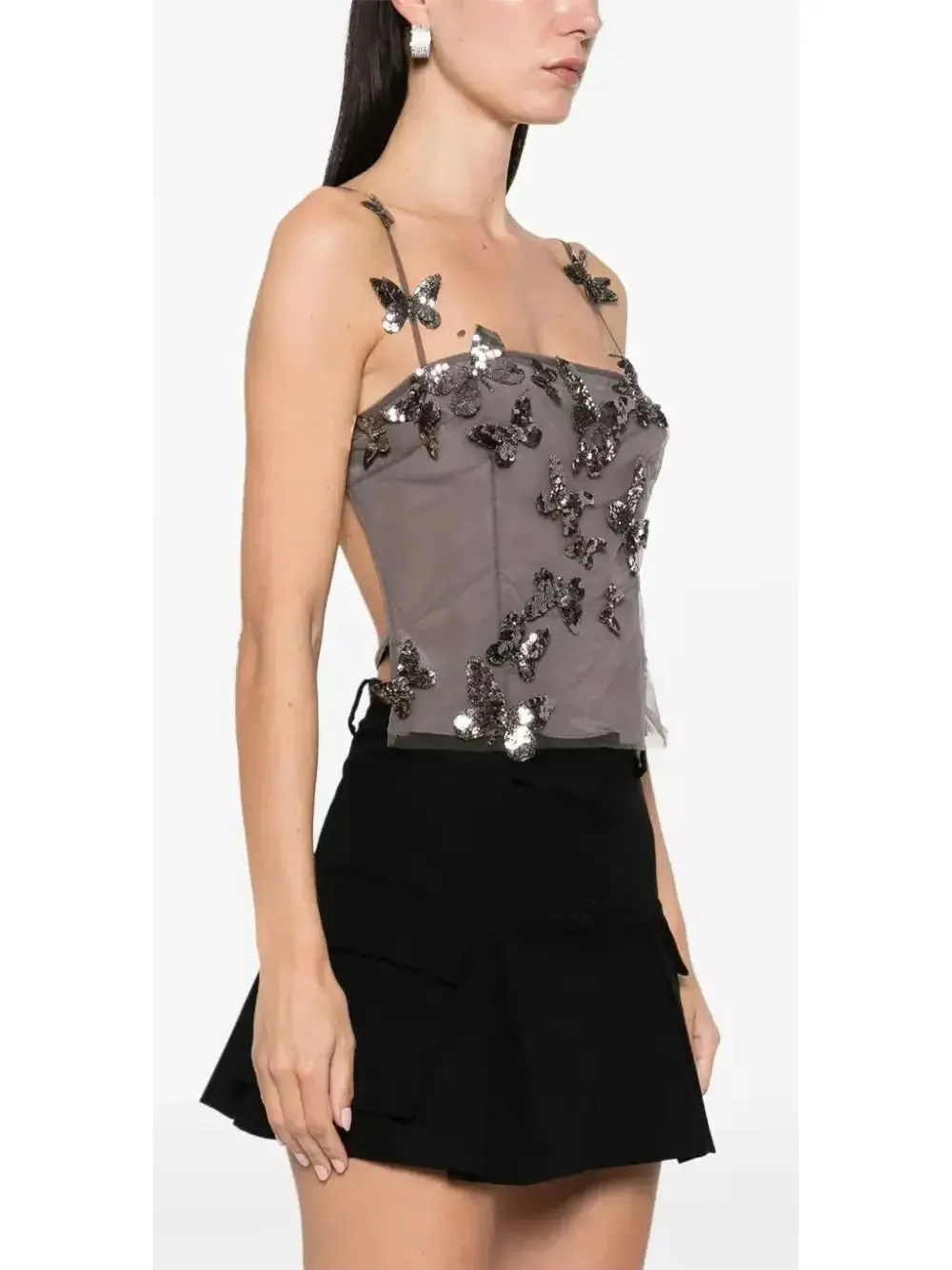 Women’s Backless Butterfly-Sequin-Applique Mesh-Overlay Top