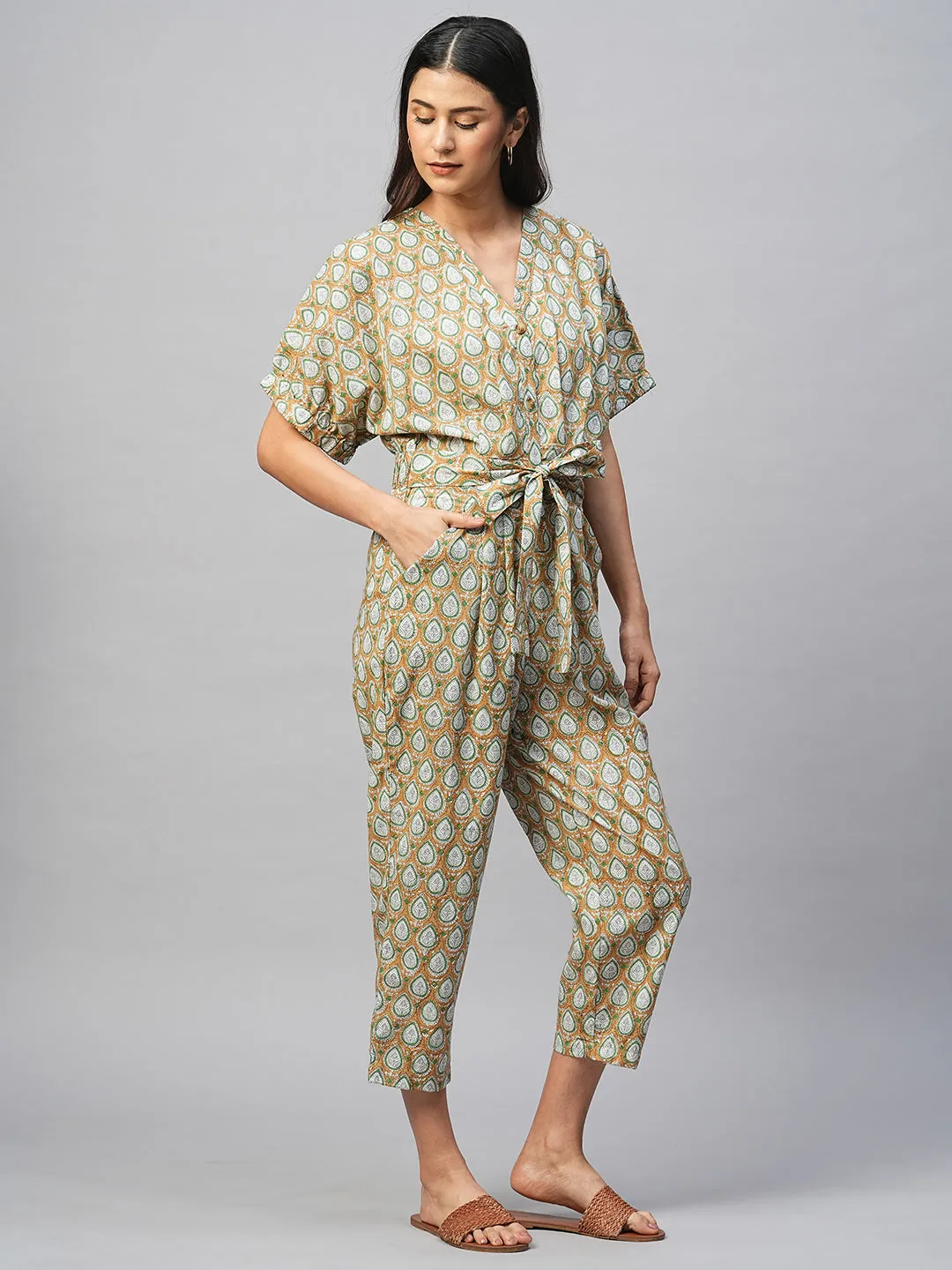 Women's Cotton Mustard Regular Fit Jumpsuit