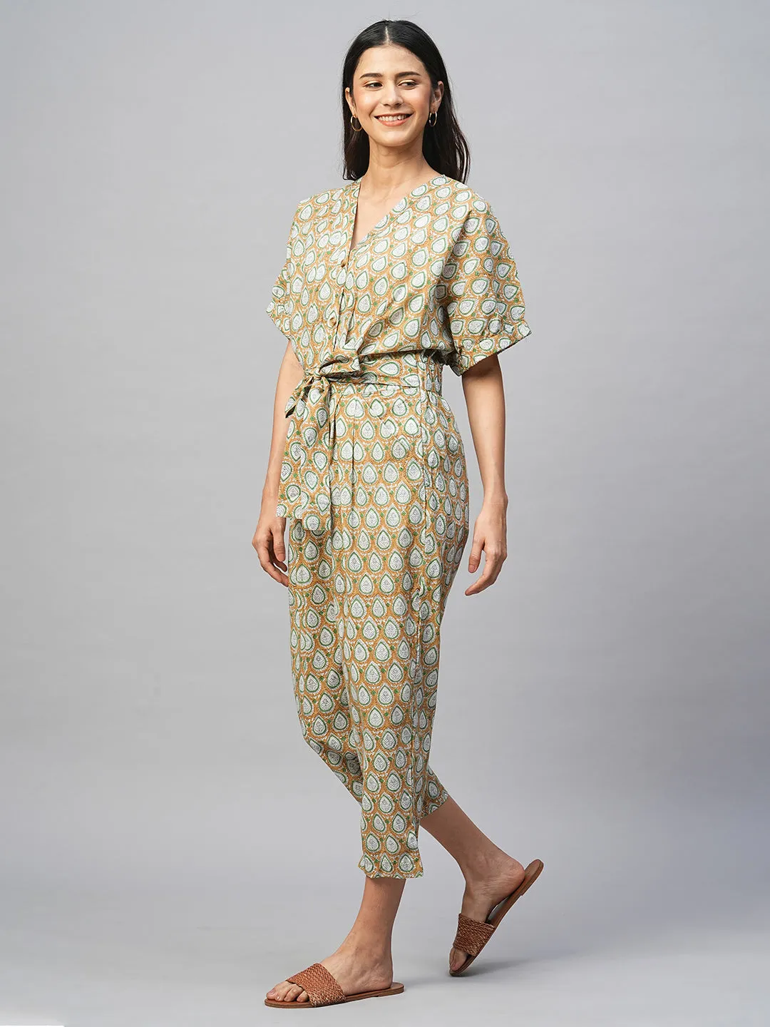 Women's Cotton Mustard Regular Fit Jumpsuit