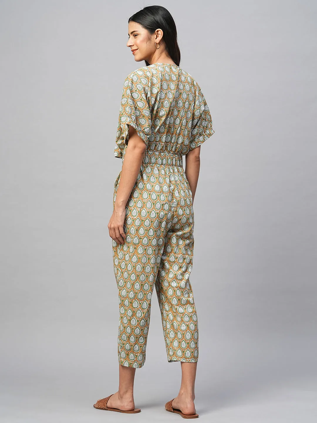 Women's Cotton Mustard Regular Fit Jumpsuit